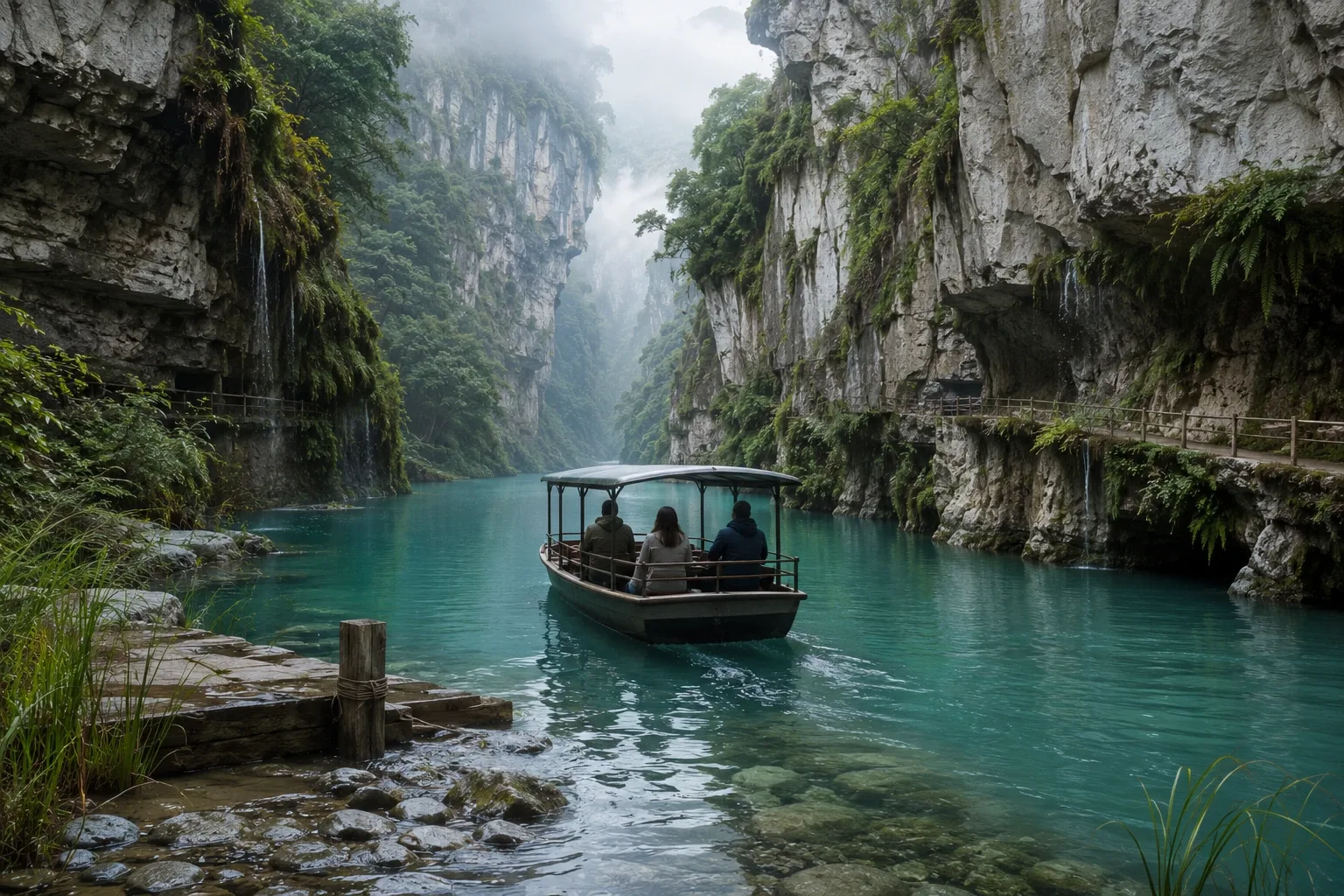 Small passenger ferry crossing turquoise water between misty terraced canyon cliffs with hanging gardens and waterfalls.