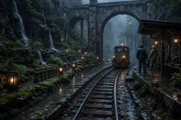 Cinematic blue-hour mountain railway crossing with a maintenance railcar, wet tracks, amber lanterns, moss terraces, stone viaducts, and two anonymous workers in light rain.