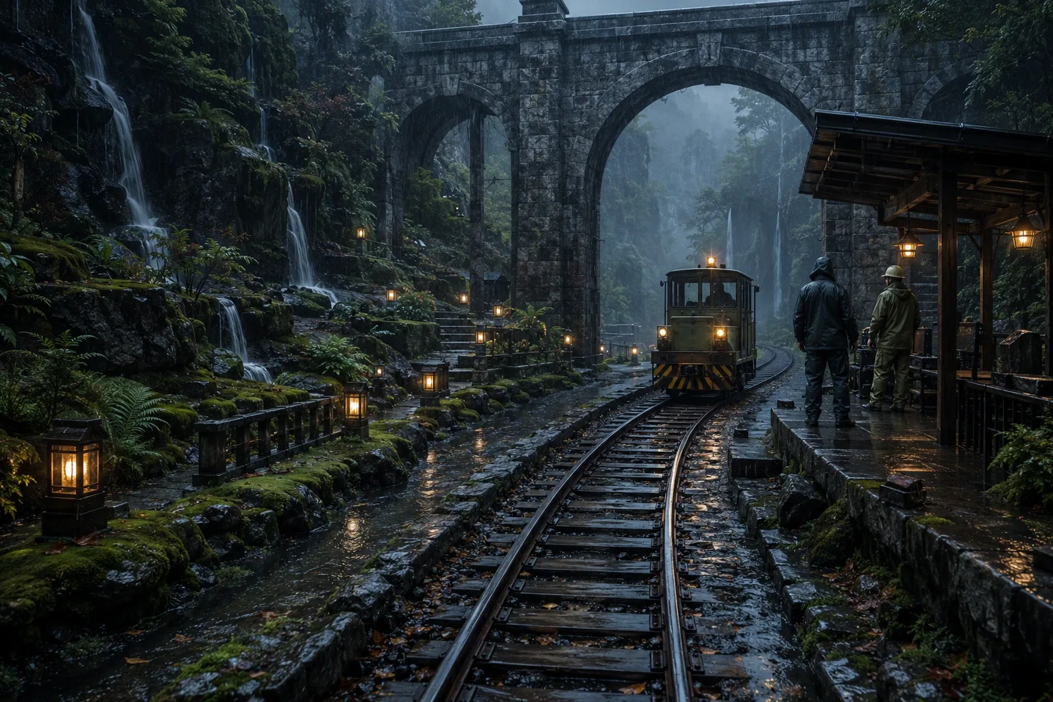 Cinematic blue-hour mountain railway crossing with a maintenance railcar, wet tracks, amber lanterns, moss terraces, stone viaducts, and two anonymous workers in light rain.