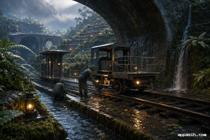 Ultra-detailed cinematic view of a maintenance railcar crossing wet mountain tracks beneath stone viaducts, with amber lanterns, moss terraces, waterfalls, reflective runoff, and two anonymous railway workers at blue hour.