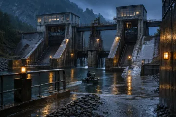 Rain-soaked mountain flood-control station with a compact inspection skiff traveling beneath vast concrete spillways at blue hour.