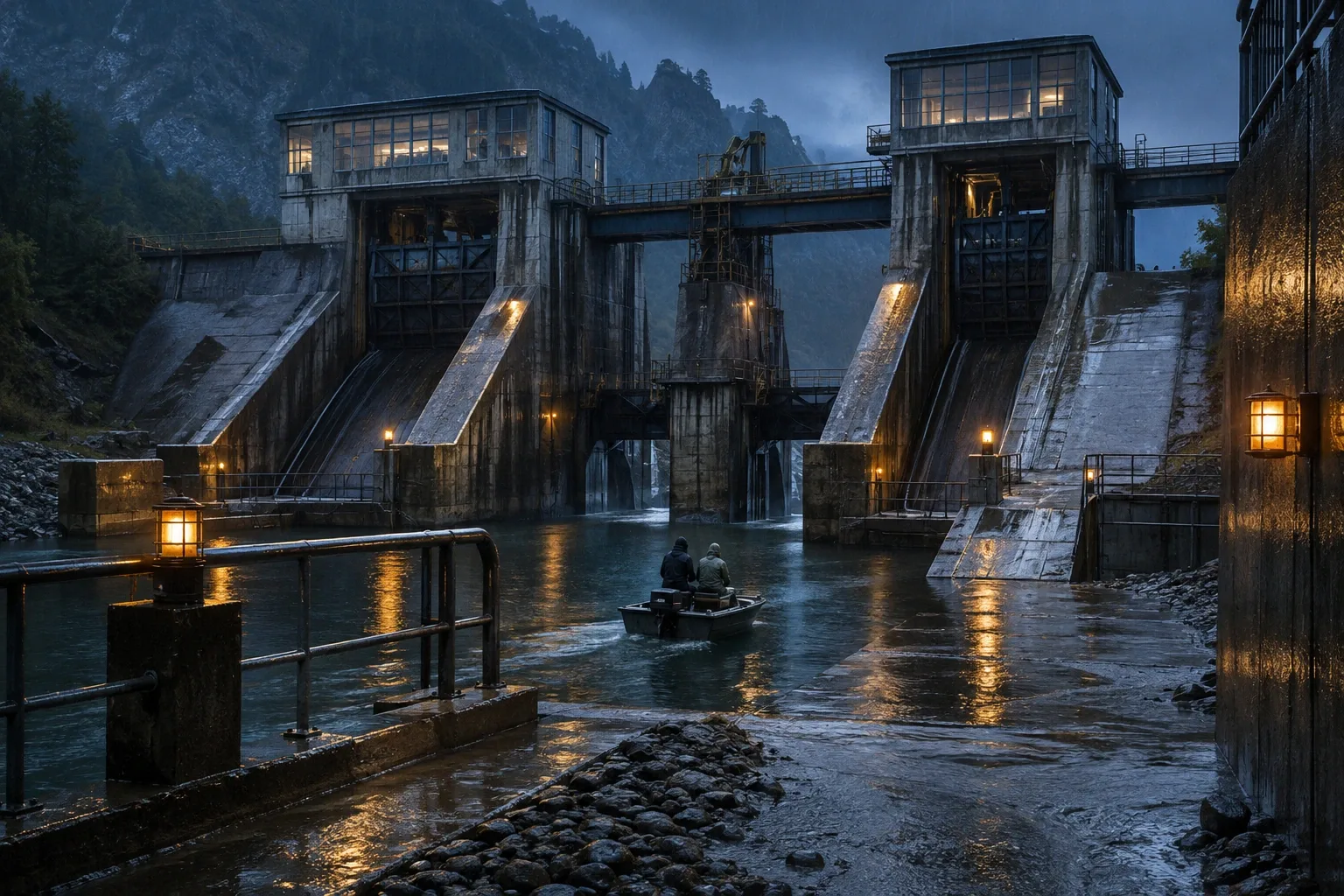 Rain-soaked mountain flood-control station with a compact inspection skiff traveling beneath vast concrete spillways at blue hour.