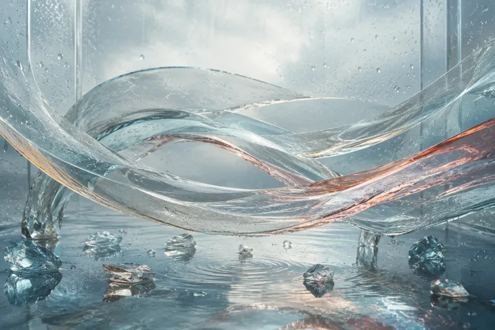 Translucent mineral ribbons curve through a rain-washed glass chamber above a reflective surface with silver, cyan, champagne, and coral highlights.