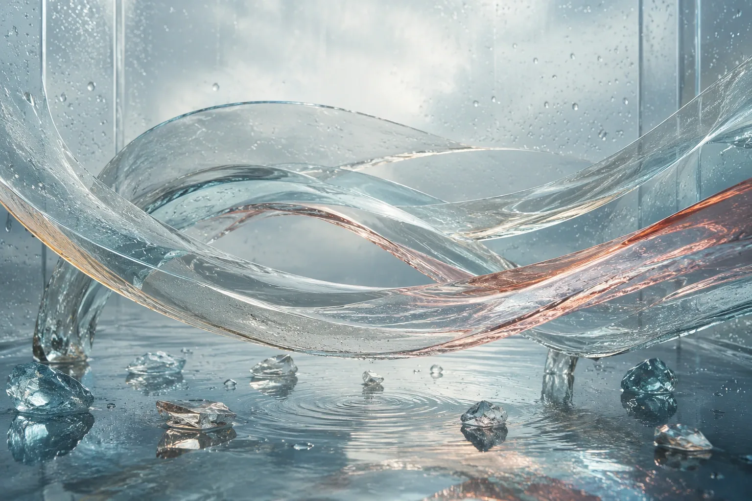 Translucent mineral ribbons curve through a rain-washed glass chamber above a reflective surface with silver, cyan, champagne, and coral highlights.