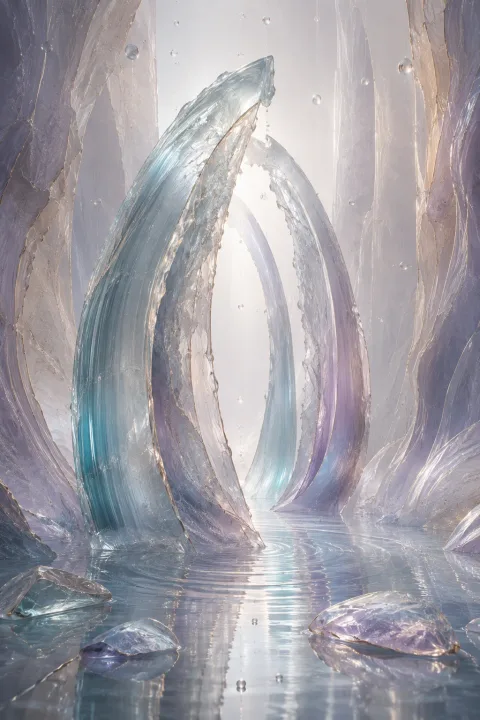 Portrait abstract chamber with translucent resin tides forming luminous mineral arches above a reflective surface.