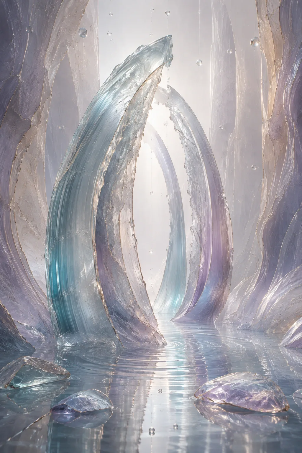 Portrait abstract chamber with translucent resin tides forming luminous mineral arches above a reflective surface.