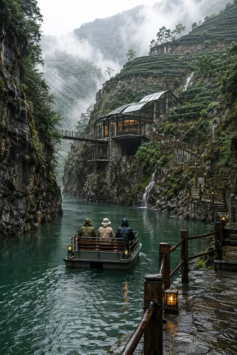 Portrait travel scene of a small passenger ferry crossing a misty emerald mountain gorge toward tea terraces and a glass-roofed cliff station.