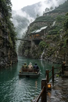 Portrait travel scene of a small passenger ferry crossing a misty emerald mountain gorge toward tea terraces and a glass-roofed cliff station.