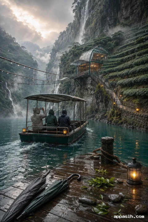 Elevated portrait view of a small ferry carrying three travelers across a rain-washed mountain gorge toward tea terraces and a glowing glass cliff station.