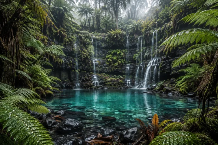 A secluded volcanic forest basin with giant tree ferns surrounding a clear turquoise mineral pool beneath mossy basalt cliffs and delicate waterfalls.