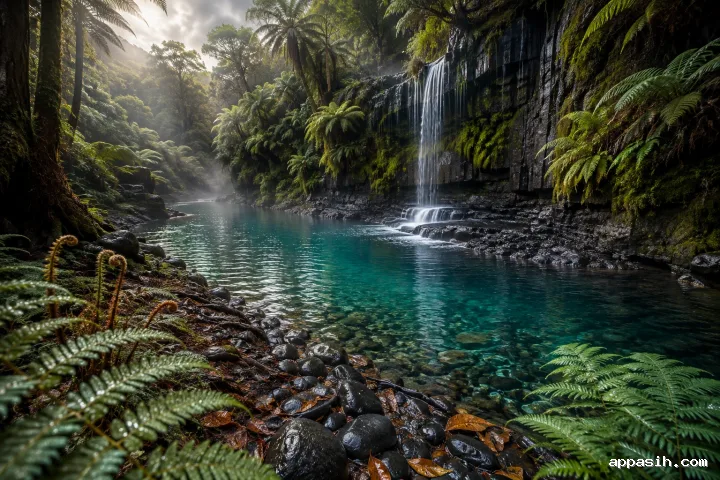 An elevated three-quarter view of a rain-washed volcanic forest basin with giant tree ferns, a turquoise mineral pool, delicate waterfalls, wet basalt stones, and glowing late-afternoon mist.