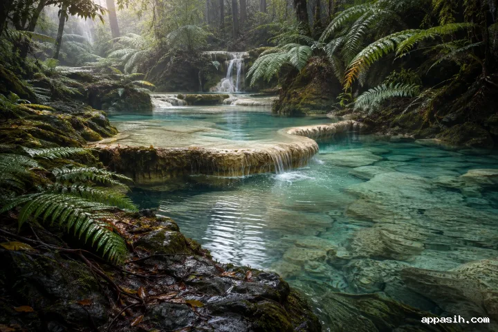 Elevated view of a turquoise forest spring crossing pale travertine terraces beneath rain-covered ferns and soft late-afternoon mist.