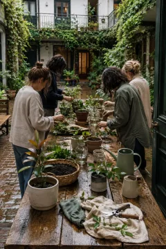 Four anonymous neighbors care for houseplants and exchange cuttings around a wooden table in a peaceful rain-cooled courtyard.