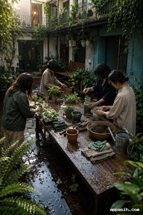 Anonymous neighbors pot a rooted plant cutting together around a rain-damp wooden table in a lush shared courtyard viewed from an elevated angle.