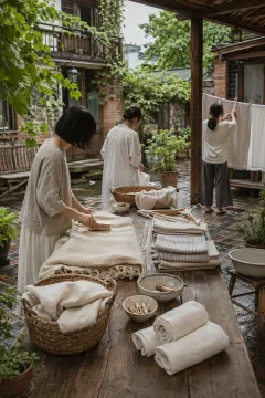 Three anonymous neighbors brushing, folding, and hanging natural household textiles around a wooden table in a rainwashed residential courtyard.