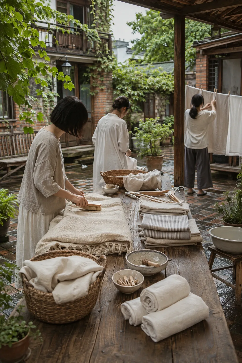 Three anonymous neighbors brushing, folding, and hanging natural household textiles around a wooden table in a rainwashed residential courtyard.
