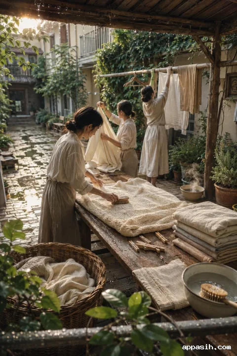 Elevated view of three anonymous neighbors brushing, folding, and hanging natural textiles in a wet courtyard illuminated by soft late-afternoon light.
