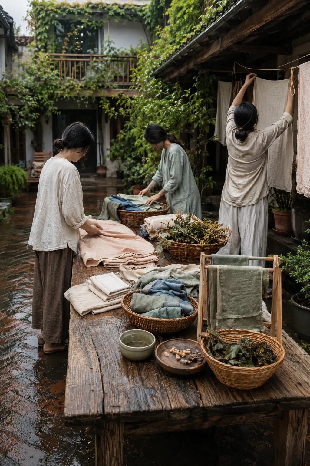 Three anonymous neighbors folding and airing naturally dyed household textiles around a wooden table in a peaceful rainwashed residential courtyard.