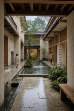 Portrait view into a contemporary rain-fed neighborhood bathhouse atrium with pale stone walls, timber screens, planted courtyards, wet paving, shallow water channels, and two anonymous visitors.