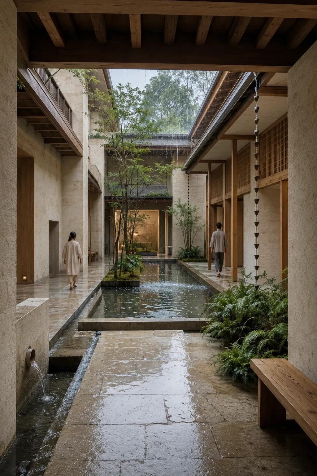 Portrait view into a contemporary rain-fed neighborhood bathhouse atrium with pale stone walls, timber screens, planted courtyards, wet paving, shallow water channels, and two anonymous visitors.