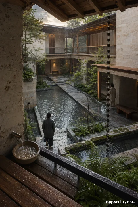Elevated portrait view across the same rain-fed neighborhood bathhouse atrium with pale limestone, timber galleries, planted fern beds, rain chains, reflective water channels, wet paving, and two anonymous visitors.