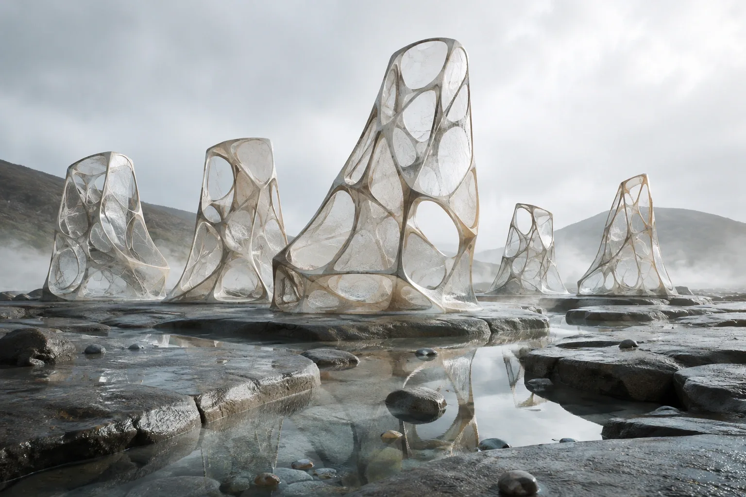 Abstract rain-polished mineral basin with translucent lattice sculptures, reflective water channels, basalt fragments, and soft overcast mist.
