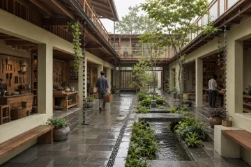 Contemporary neighborhood repair arcade with timber galleries, communal work bays, planted rain channel, stone bridges, and two anonymous visitors in a calm wet courtyard.
