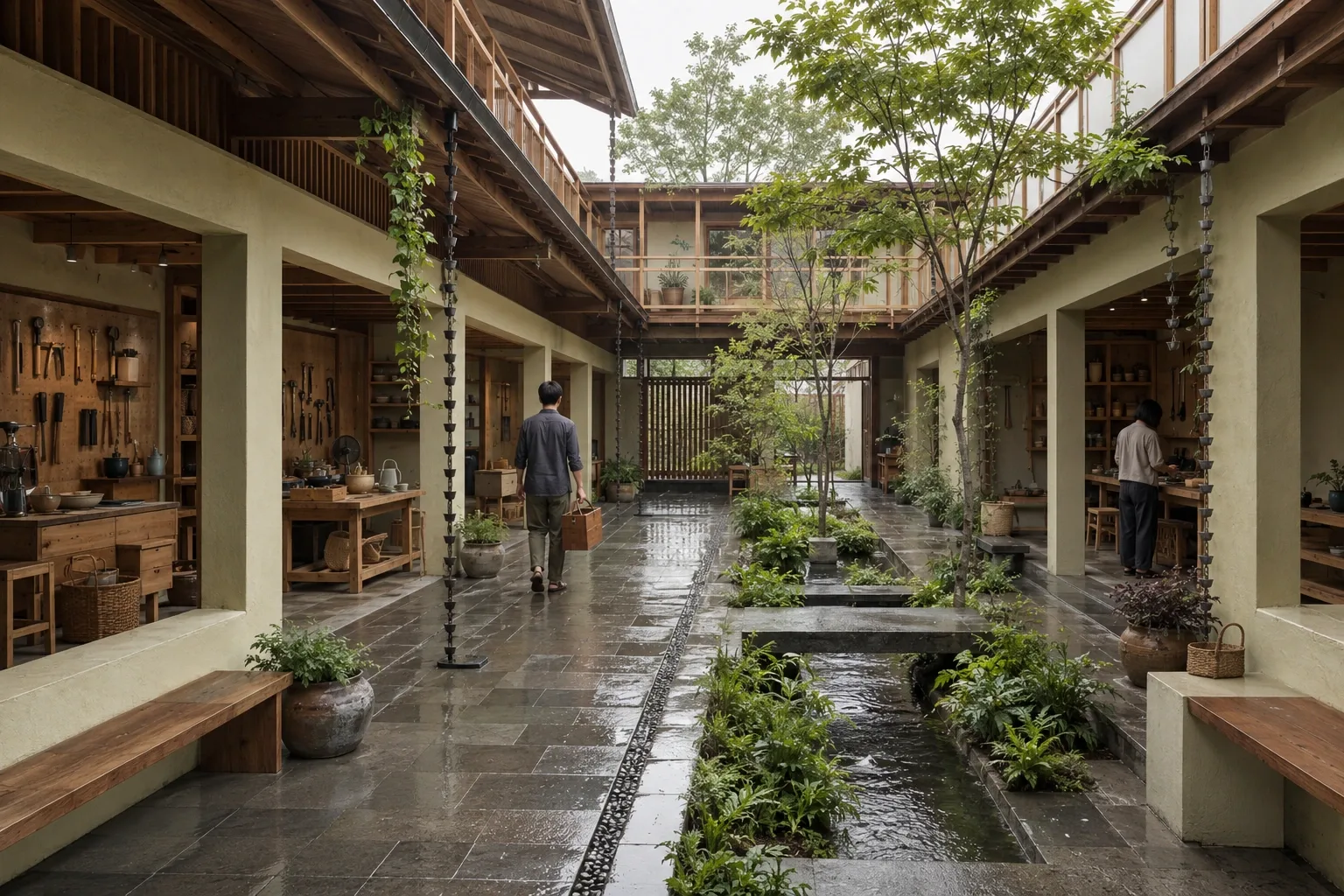 Contemporary neighborhood repair arcade with timber galleries, communal work bays, planted rain channel, stone bridges, and two anonymous visitors in a calm wet courtyard.