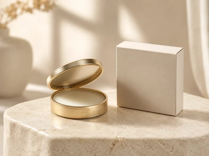 Blank matte metal travel candle with its lid and matching unprinted gift box displayed on a warm stone pedestal.