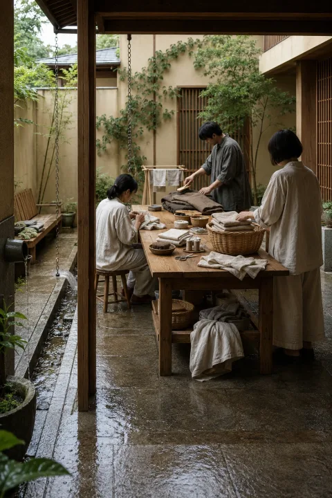 Neighbors quietly mending and caring for household textiles around a wooden table in a sheltered contemporary rain courtyard.