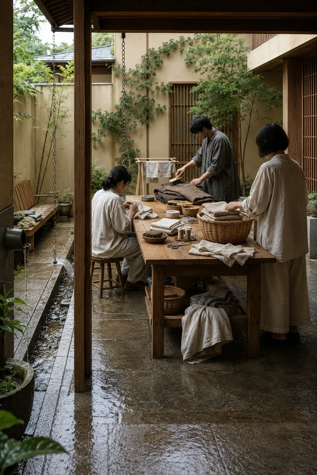 Neighbors quietly mending and caring for household textiles around a wooden table in a sheltered contemporary rain courtyard.