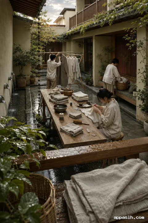 Elevated view of neighbors mending, brushing, folding, and organizing household textiles around a wooden table in a rain-washed community courtyard.