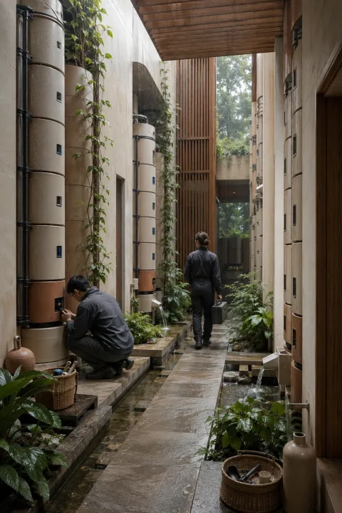 Portrait view of a sustainable technology conservatory with modular ceramic battery towers, rainwater cooling channels, tropical planting, and two anonymous technicians.