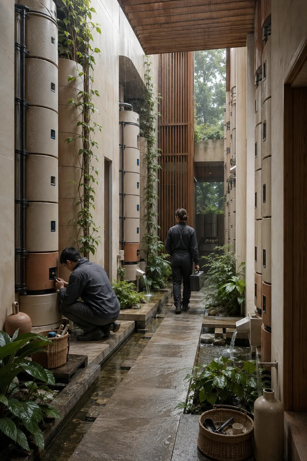 Portrait view of a sustainable technology conservatory with modular ceramic battery towers, rainwater cooling channels, tropical planting, and two anonymous technicians.