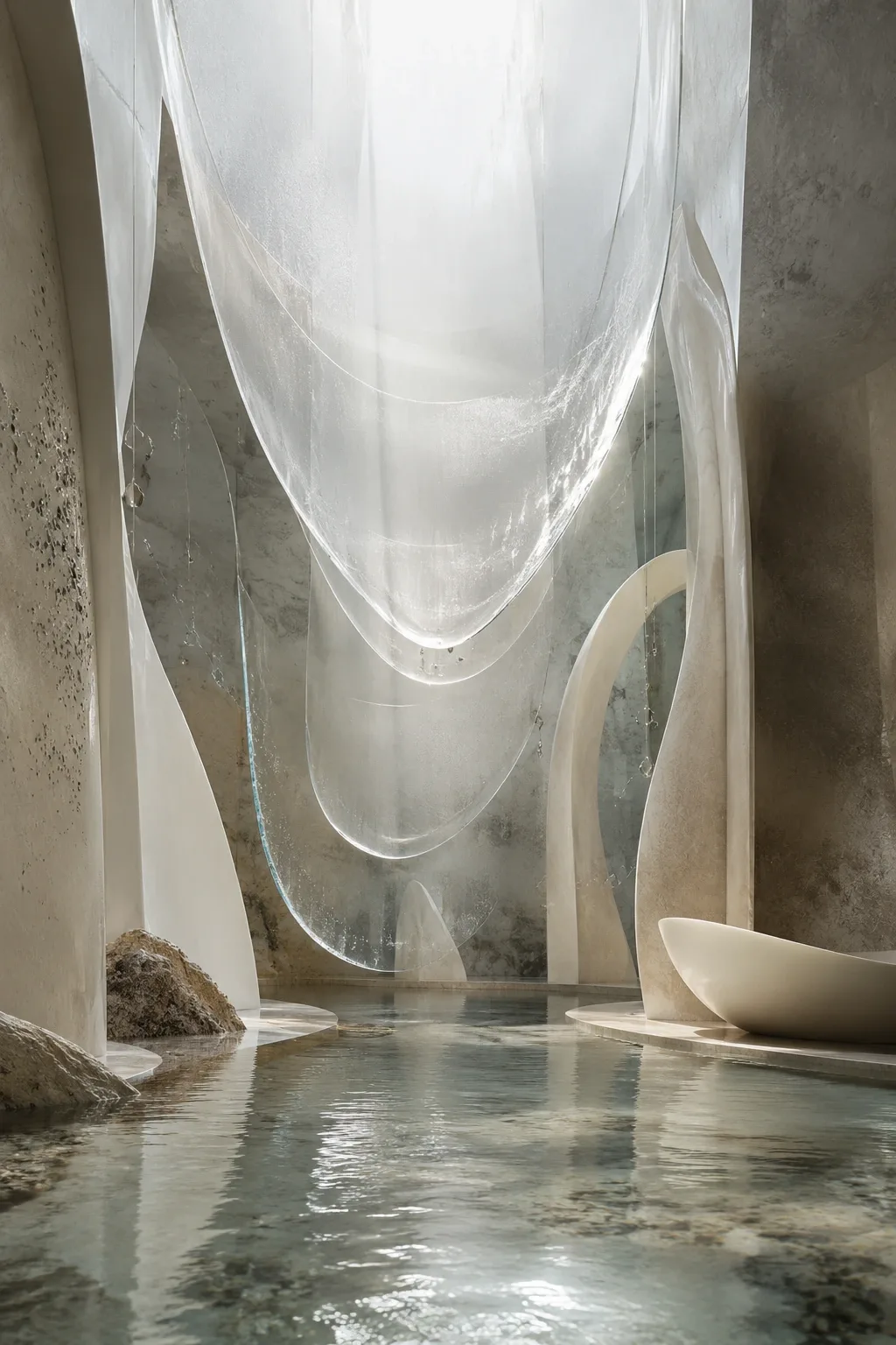 Portrait abstract chamber with translucent curved glass veils, pale mineral arcs, suspended droplets, and a shallow reflective basin under soft diffused light.
