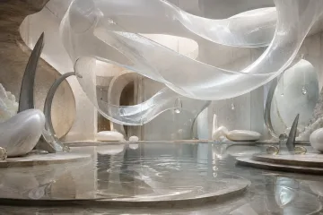 Serene abstract silica chamber with translucent curved ribbons, pale mineral forms, porcelain shapes, and a shallow reflective basin under soft overcast light.