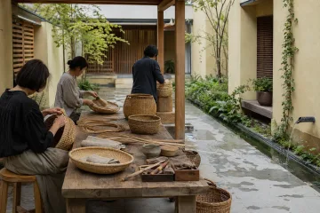 Three anonymous neighbors repair and clean woven household baskets around a wooden table in a calm rain-cooled contemporary courtyard.