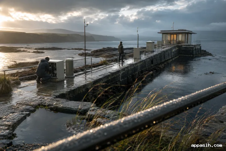 Ultra-detailed cinematic view of a wet coastal signal causeway from an elevated angle, showing two anonymous maintenance workers inspecting a glass and ceramic pavilion above a reflective tidal basin after rain.