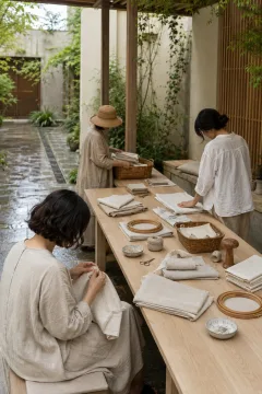 Three anonymous neighbors quietly repairing and folding natural household linen around a timber table in a rain-cooled contemporary courtyard.