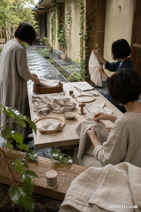Elevated three-quarter view of three anonymous neighbors carefully stitching, inspecting, and folding household linen around a timber worktable in a rain-washed courtyard.