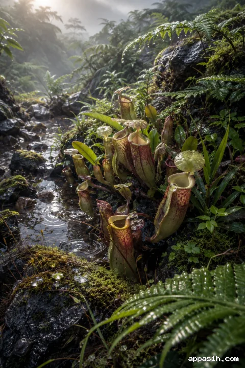 Detailed elevated view of wild pitcher plants, wet moss, basalt stones, delicate ferns, and reflective rainwater in a misty highland cloud-forest hollow.
