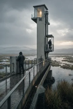 Rain-soaked tidal delta with a tall pale beacon tower, elevated service walkway, suspended maintenance lift, and two anonymous technicians surrounded by mist and reflective wetlands.
