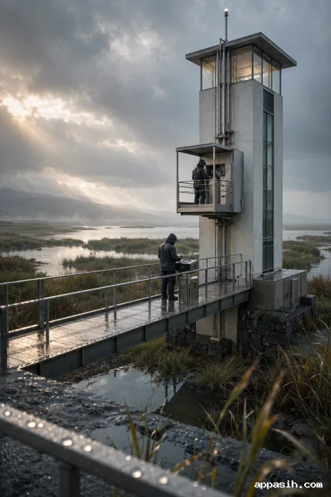 Elevated cinematic view of a rain-soaked tidal beacon station with a pale tower, slightly descended maintenance lift, two anonymous technicians, wet railings, reflective marsh channels, reeds, and mist under late-afternoon storm light.