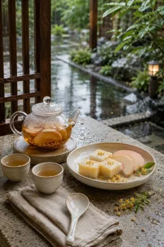 Portrait editorial food scene with white peach roasted rice tea in a glass teapot, ivory ceramic cups, osmanthus custard squares, and rain-washed garden details.