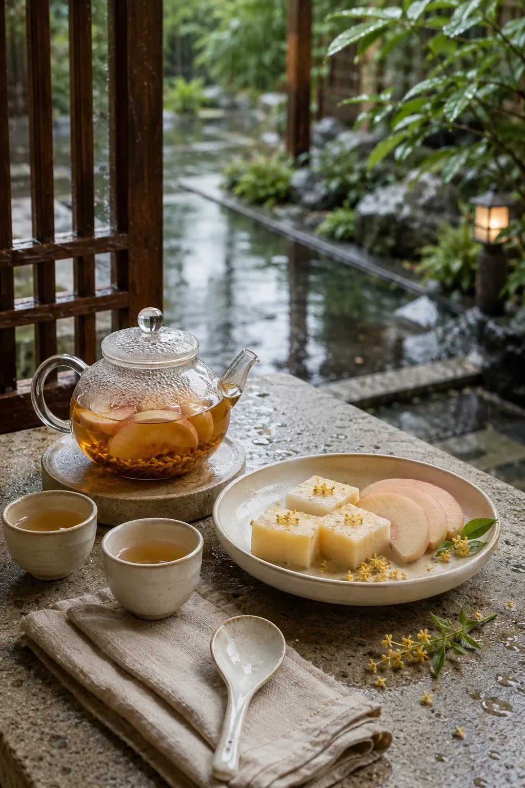 Portrait editorial food scene with white peach roasted rice tea in a glass teapot, ivory ceramic cups, osmanthus custard squares, and rain-washed garden details.