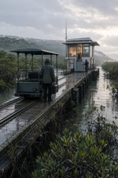Portrait cinematic scene of a small maintenance tram and two anonymous technicians on a rain-wet elevated causeway through a misty mangrove tidal wetland.