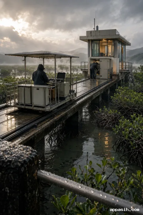 Elevated cinematic portrait of a rain-wet maintenance tram with two anonymous technicians approaching a softly lit signal station above reflective mangrove tidal channels.