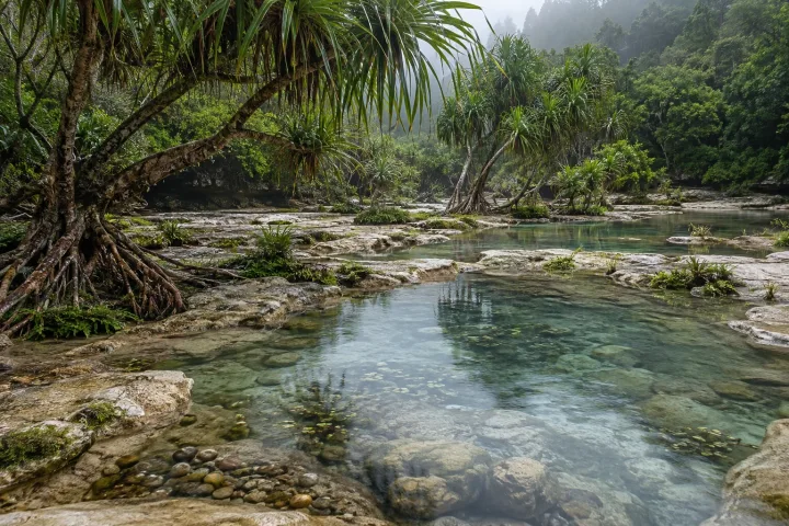 Rain-soaked pandanus trees growing across pale limestone shelves around clear reflective freshwater pools in a misty tropical hollow.