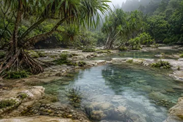 Rain-soaked pandanus trees growing across pale limestone shelves around clear reflective freshwater pools in a misty tropical hollow.