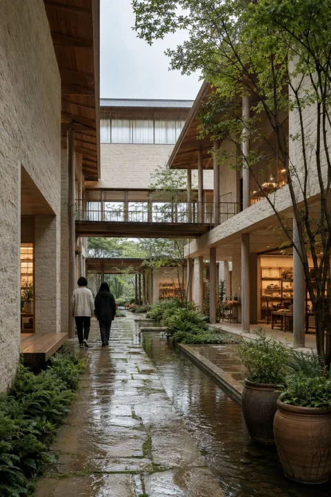 Portrait view of a contemporary community seed conservatory with pale masonry, timber galleries, rain garden planting, reflective water channels, and two anonymous visitors after rainfall.
